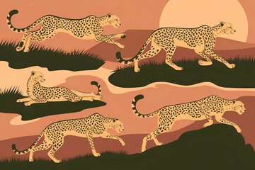 African Cheetah Silhouette Icons Exotic Big Cat in Various Poses
