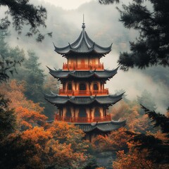 Obraz premium Autumn Forbidden City Scene with Golden Outlines in Mist
