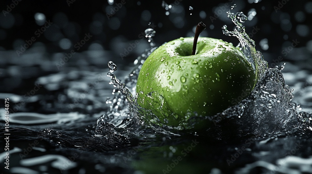 Aufkleber a green apple splashing into water, creating a dramatic and refreshing visual.