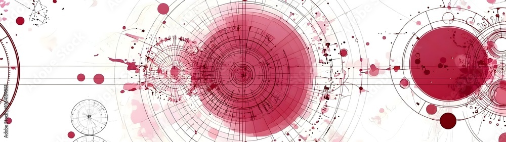 Aufkleber abstract design featuring circular patterns and splashes of red, with intricate line work creating a