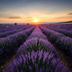 Obraz premium Vast lavender fields under a setting sun casting a golden glow over the landscape
