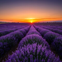 Fototapeta premium Vast lavender fields under a setting sun casting a golden glow over the landscape