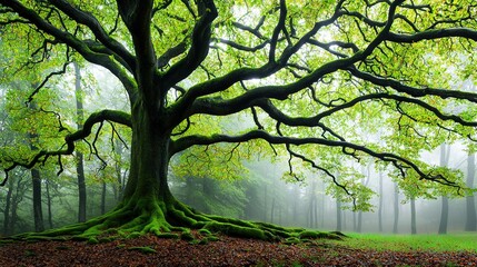   A majestic tree standing tall amidst a lush forest, its canopy adorned with vibrant foliage while a mystical fog enshrouds the atmosphere