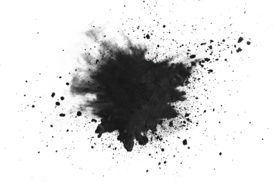 Black powder explosion on isolated transparent background. Dark powder in mid-flight, creates trail of black particles. Stark contrast between powder and background. Alpha mask.