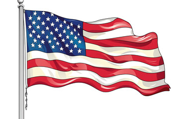 Fototapeta premium American flag waving with red, white stripes and blue stars. Flagpole attached, fluttering in wind. Vibrant colors on isolated transparent background, symbol of patriotism and freedom. Alpha mask.