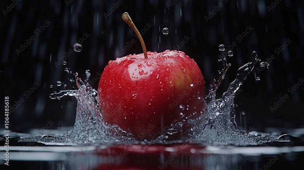 Poster a red apple with water droplets falling on it creating a splash.