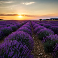 Obraz premium Vast lavender fields under a setting sun casting a golden glow over the landscape