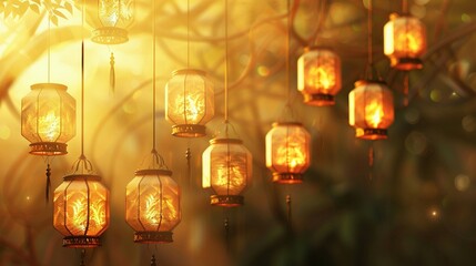 Golden Lanterns Hanging Amongst Lush Foliage in a Warm Sunset Glow