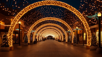 Arched pathway decorated with glowing lights at night. Concept of festive illumination.