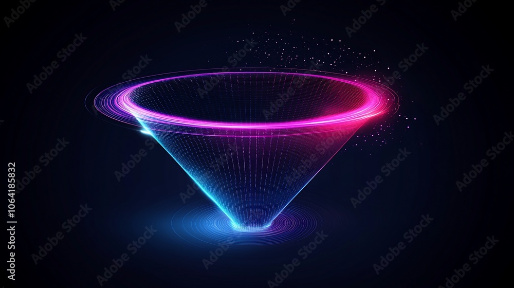 Canvas Prints abstract neon funnel with glowing lines and particles on dark background.