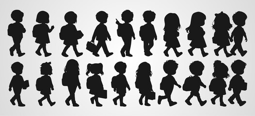 Silhouettes of children carrying bags, walking together, symbolizing school life and friendship.