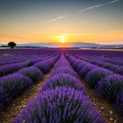 Fototapeta premium Vast lavender fields under a setting sun casting a golden glow over the landscape