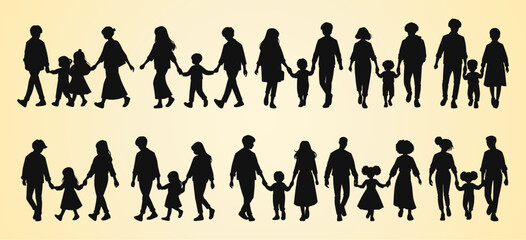 Silhouettes of diverse families holding hands, showcasing unity, togetherness, and connection.