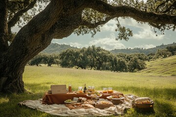 Fototapeta premium Picnic under a majestic oak tree in a lush green meadow