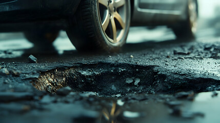Close-up of a car tire hitting a pothole, emphasizing road safety