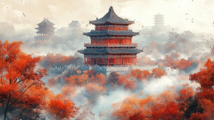 Obraz premium Autumn Forbidden City Scene with Golden Outlines in Mist