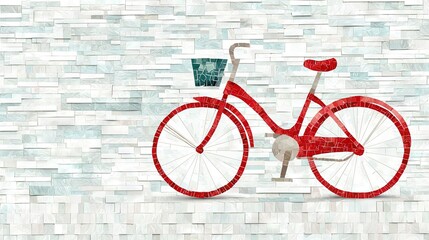 Fototapeta premium A red bicycle with baskets on both wheels rests against a white brick wall