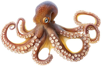 Large brown octopus with white tentacles on light gray background. Distinctive head with big eye and small mouth. Octopus faces right side of image. Octopus is isolated on transparent background.