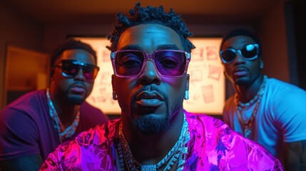 Three African American men wearing sunglasses, looking at the camera in a dimly lit room.