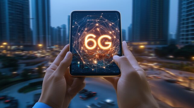 A person is holding a cell phone with the number 6G on it. The image has a futuristic and technological vibe, with the city in the background and the glowing numbers on the phone