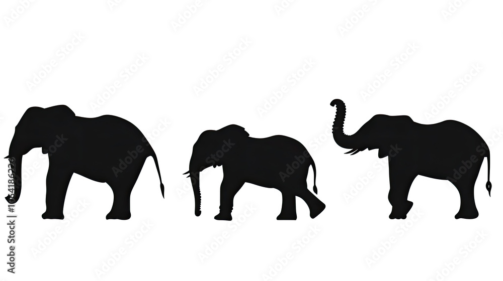 Poster silhouette of elephants in various postures during twilight generative ai