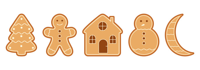 Christmas gingerbread cookie set: Christmas tree, gingerbread man, house, and snowman. Vector illustration.