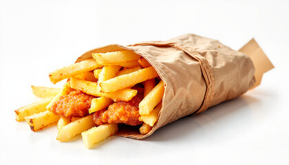 French fries and chicken nuggets in brown paper wrap