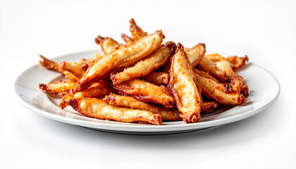 Crispy golden french fries on white plate
