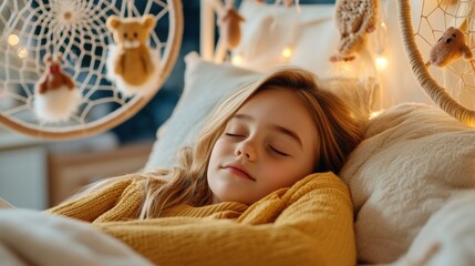 Young girl peacefully sleeping in a cozy, warmly lit bedroom, AI