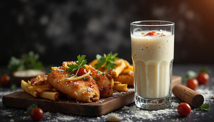 Creamy drink with spicy chicken and fries on wooden board