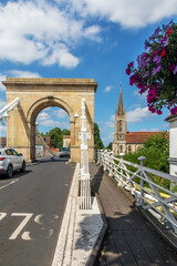 Marlow suspension bridge and All Saints Church, Buckinghamshire, England