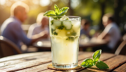 Refreshing mojito cocktail on wooden table outdoors
