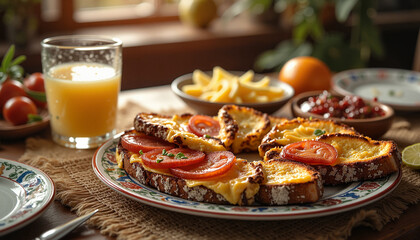 Fototapeta premium Delicious cheese toast breakfast with orange juice