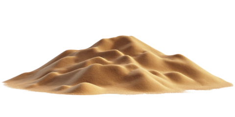 3D rendering of sand dune with light beige sand. Realistic depiction of desert landscape with slight curvature and flat bottom. Sand dune stands out on light gray neutral background. Transparent.