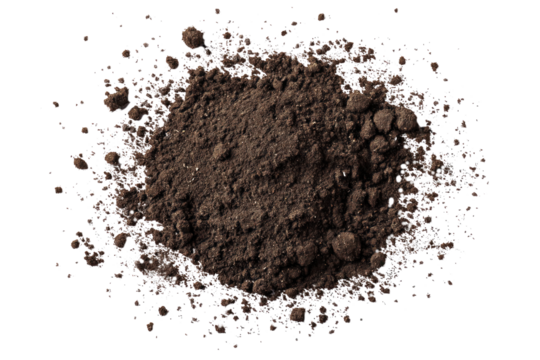 Close-up of dark brown soil sample on alpha background. Top-down view reveals texture and composition. Soil mixture of small particles, earthy smell. Brown color stands out against alpha background.