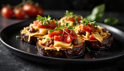 Fototapeta premium Delicious eggplant bruschetta with cheese and tomatoes