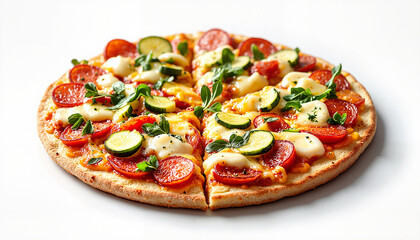 Vegetable pizza with mozzarella on white background