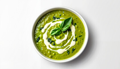 Obraz premium Green vegetable soup with cream swirl and basil leaf
