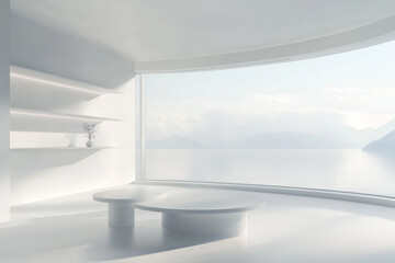 Living room interior with shelf table and chairs with panoramic window