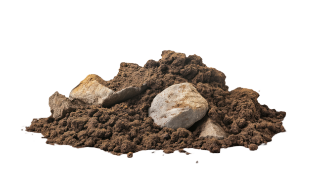 Pile of dirt with mixed small and large rocks on isolated transparent background. Close-up view of earthy texture. Dirt mound on plain white space with no objects or text. Alpha mask cut out png.