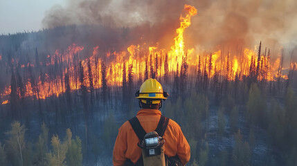 Obraz premium Firefighter Using Drone to Monitor Forest Wildfire Situation