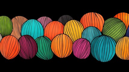   A row of yarn balls is visible against a dark backdrop, featuring a central ball of yarn