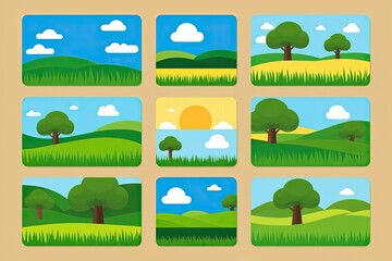 Fototapeta premium Vibrant Summer Landscape Cartoon Illustration with Green Grass and Blue Skies