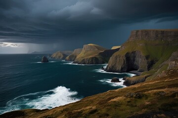 Obraz premium Stunning Coastal Cliffs and Rugged Landscapes Beneath a Stormy Sky