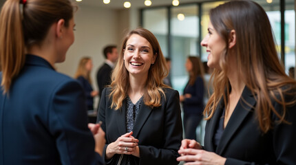Networking Businesswomen Smiling and Talking at Professional Conference