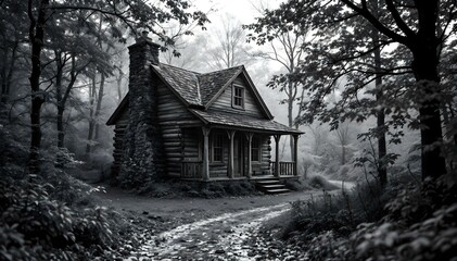Obraz premium Old historic cabin with a rock fireplace and front porch nestled in a forest during autumn in a creepy black and white hue.