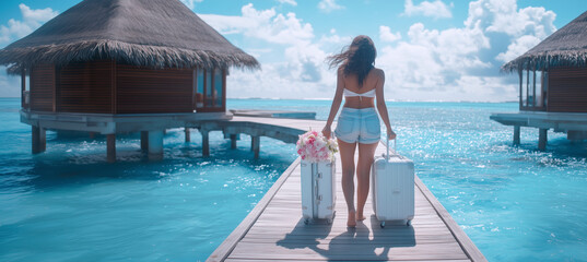 Vibrant image showing young woman in her twenties walking barefoot on wooden boardwalk over turquoise waters. She pulls two white suitcases, one with pink flowers, in a luxurious resort setting.