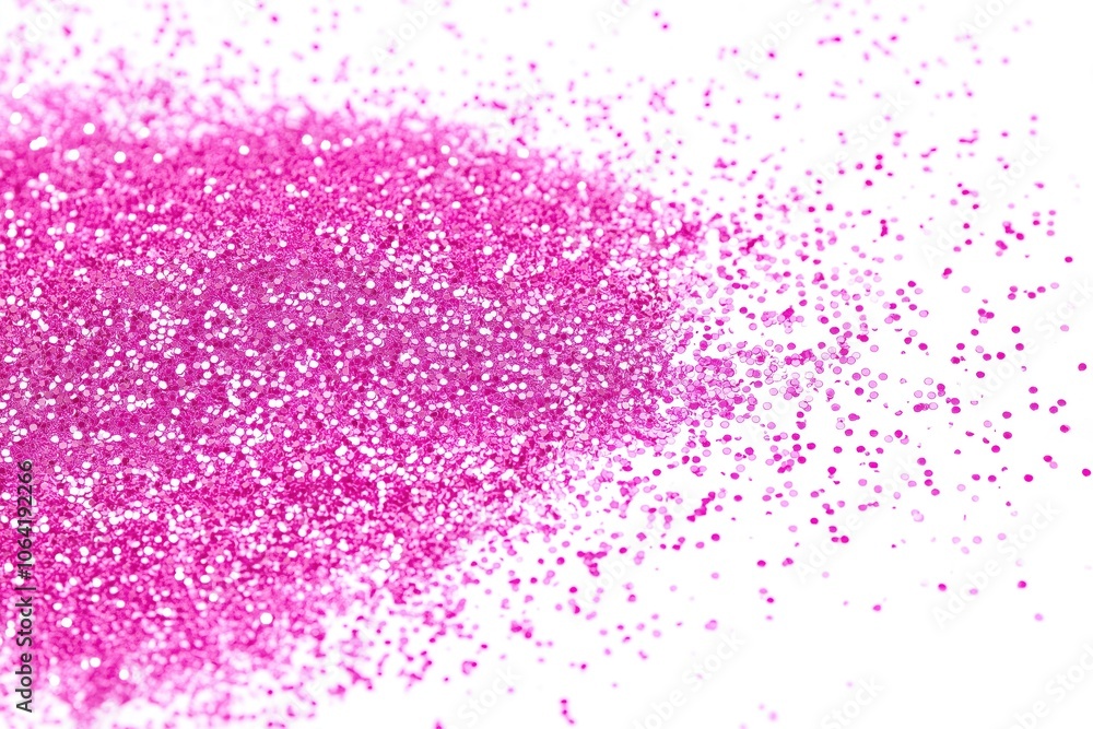 Poster Pink glitter explosion on white background with texture. Glitter particles scattered throughout frame create movement and energy. Slightly elevated angle adds depth and perspective.