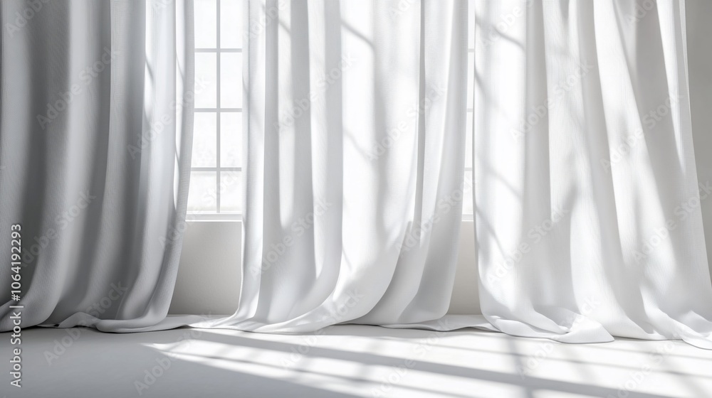 Aufkleber white curtains with a window and sunlight streaming through them in a minimalistic room.