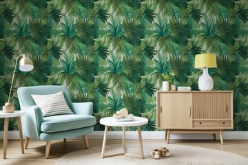 Fototapeta premium Playful Whimsical Jungle Leaf Textile Wallpaper Print for Colorful Decoration